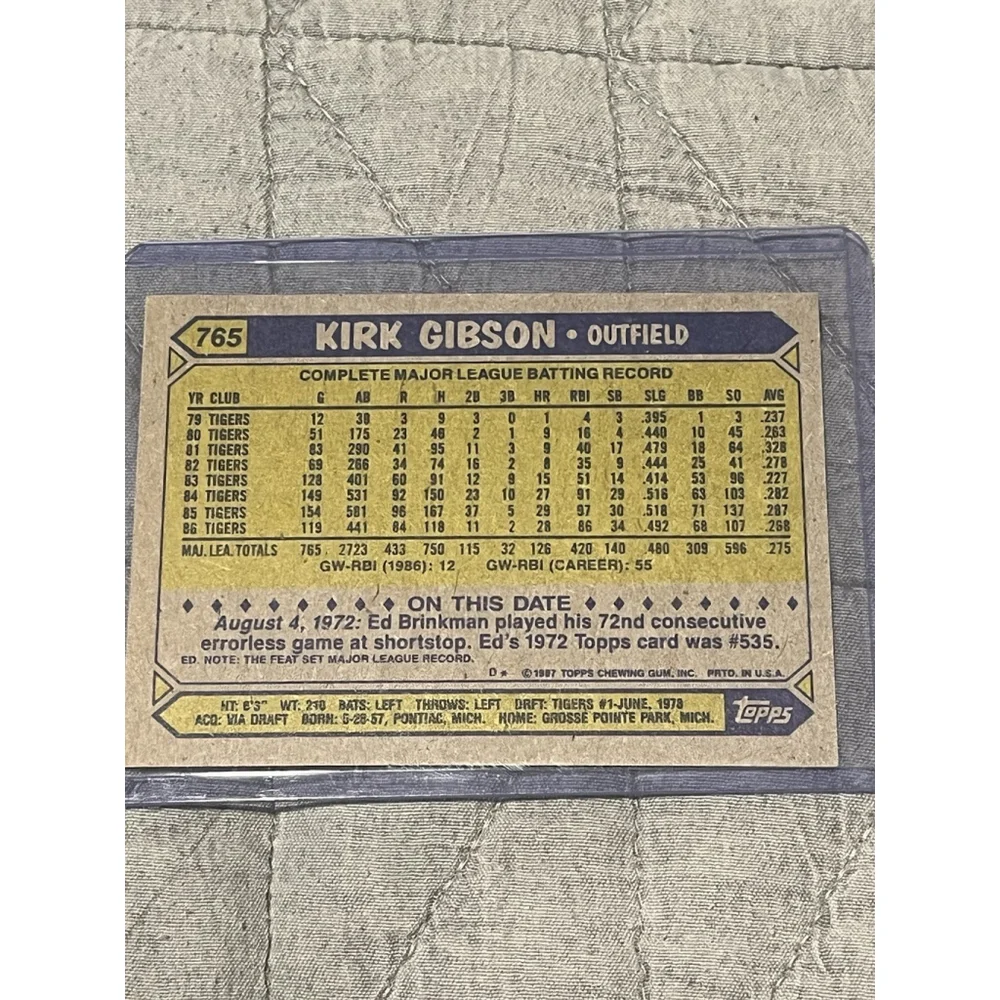 1987 Topps Kirk Gibson #765 Detroit Tigers Near Mint Baseball Card